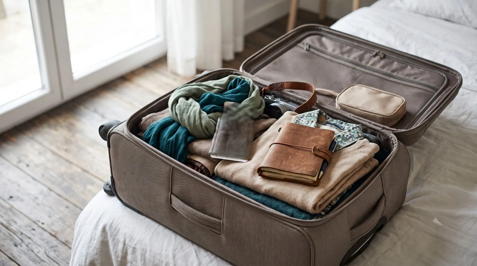 Half-packed suitcase on a wooden floor with folded clothes, a passport, and a boarding pass, lit by soft natural light