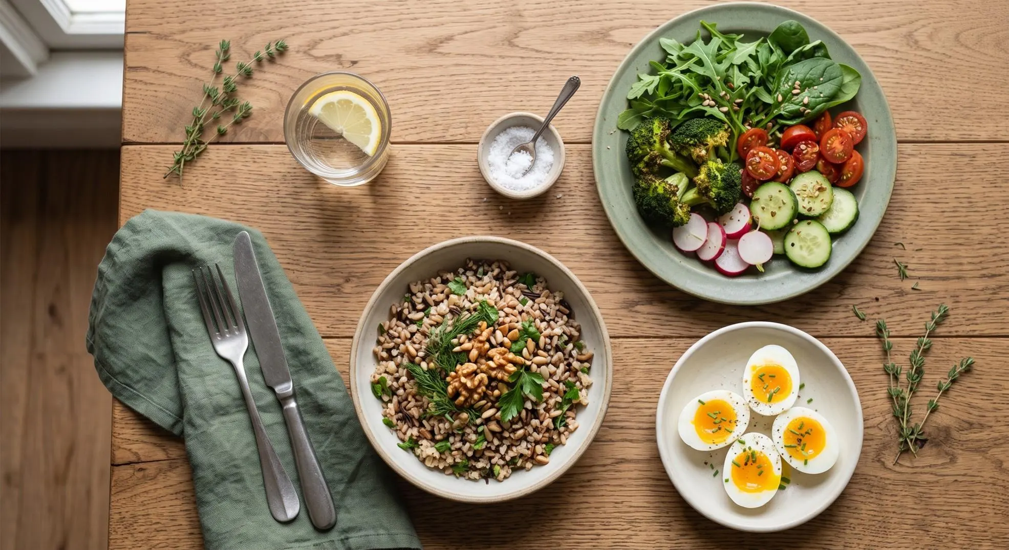 colorful vegetables, whole grains, soft-boiled eggs, nuts, and fresh herbs arranged in natural light